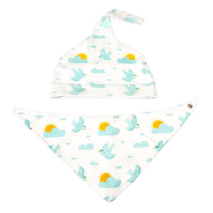 Skylark Clouds & Bird Design, Organic Cotton Baby Hat & Bib Set