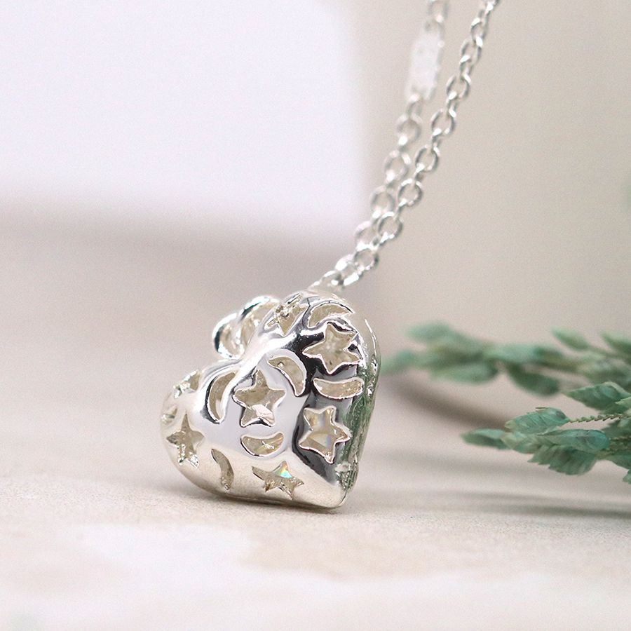Silver Plated Heart Necklace with Star & Moon Cut outs