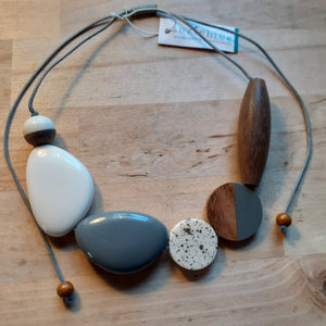 Mixed Shape Resin and Wood Disc Necklace - Grey, white and wood - Luvit!