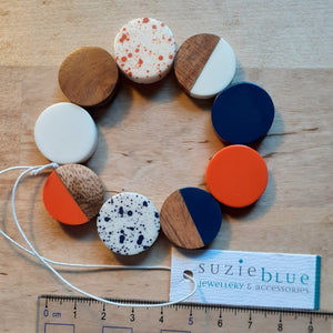 Elasticated Resin and Wood Bracelet - blue, wood, orange and white - Luvit!
