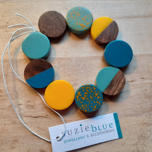 Elasticated Resin and Wood Bracelet - Mustard yellow and blues - Luvit!