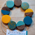 Load image into Gallery viewer, Elasticated Resin and Wood Bracelet - Mustard yellow and blues - Luvit!
