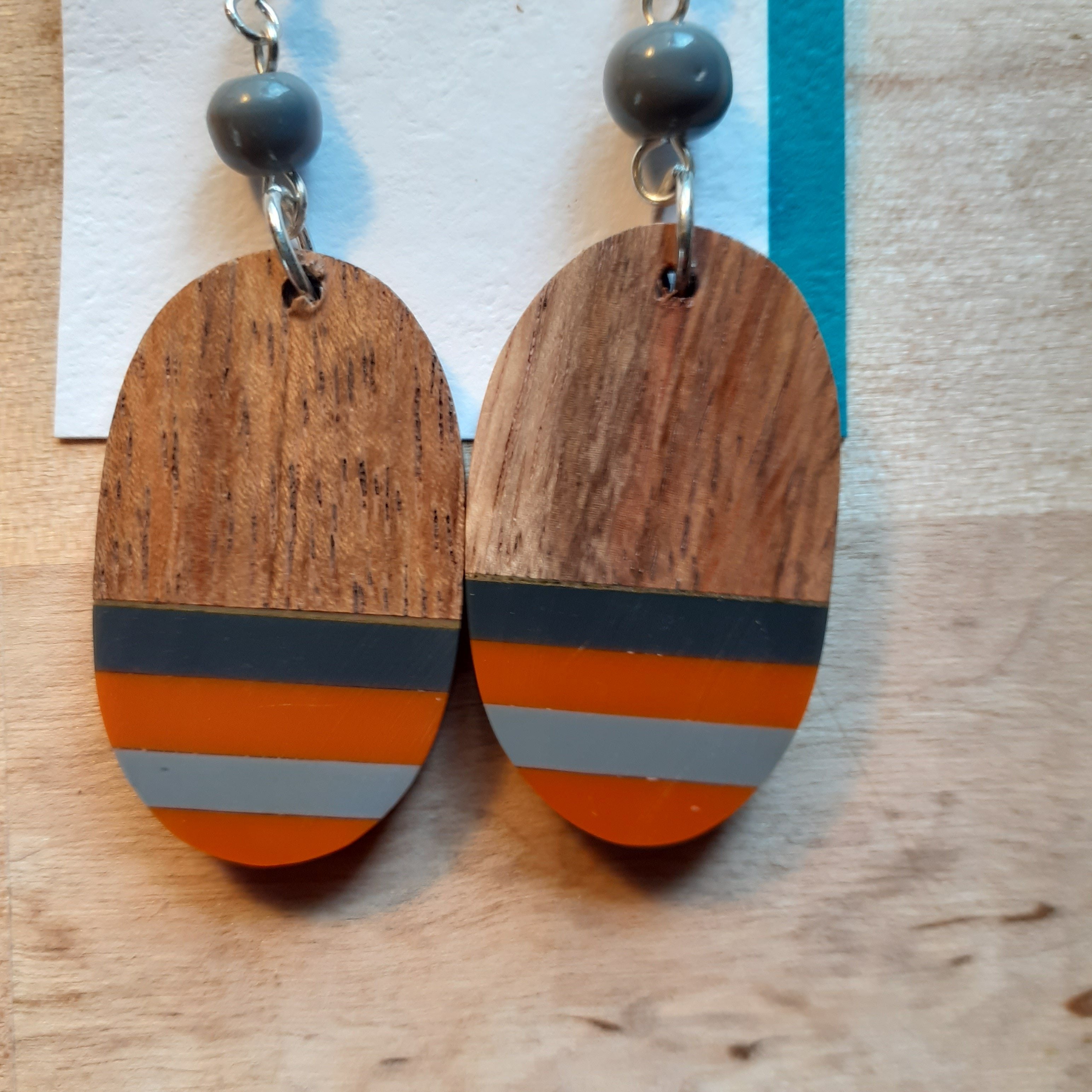 Oval Resin and Wood Earrings - Orange and Copper - Luvit!