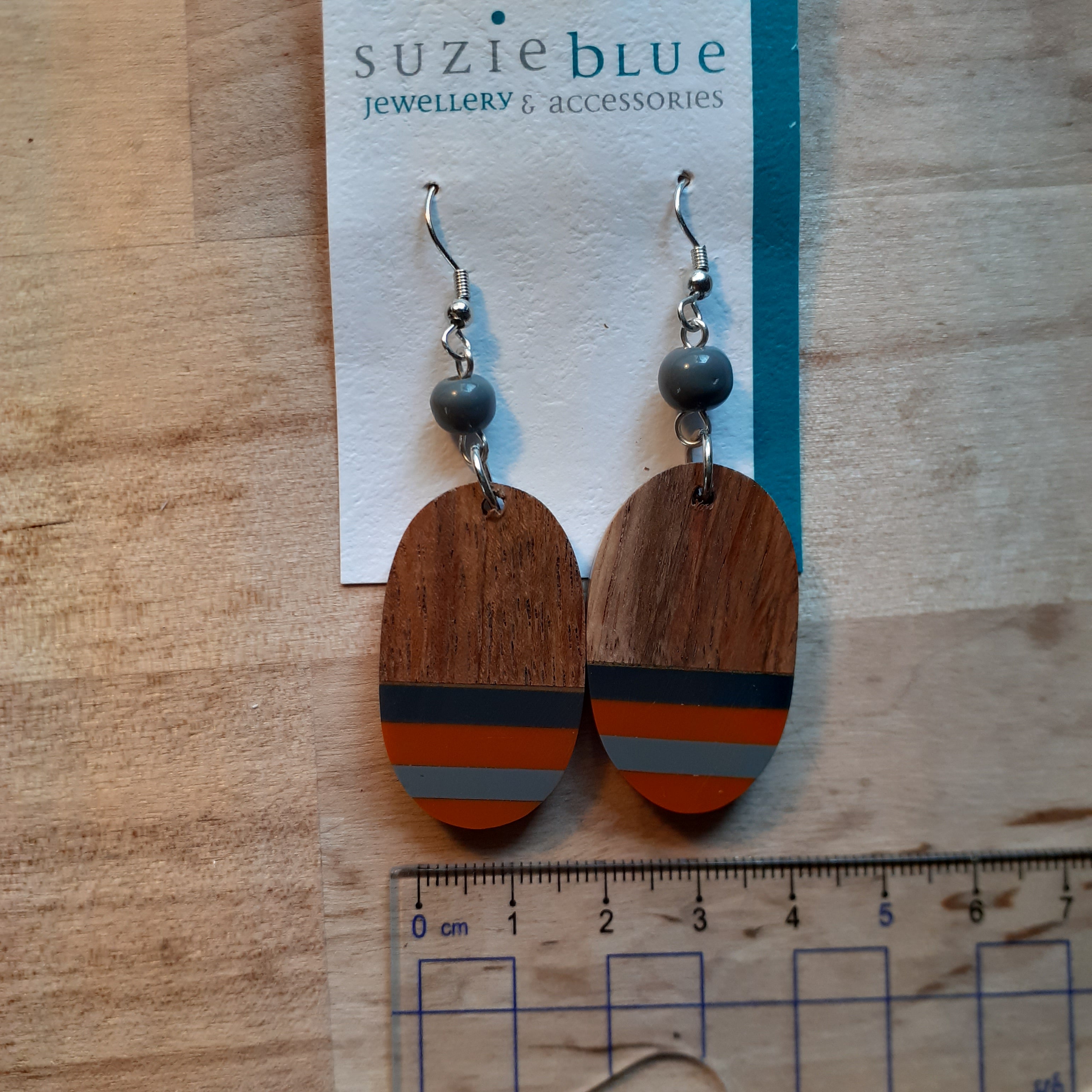 Oval Resin and Wood Earrings - Orange and Copper - Luvit!
