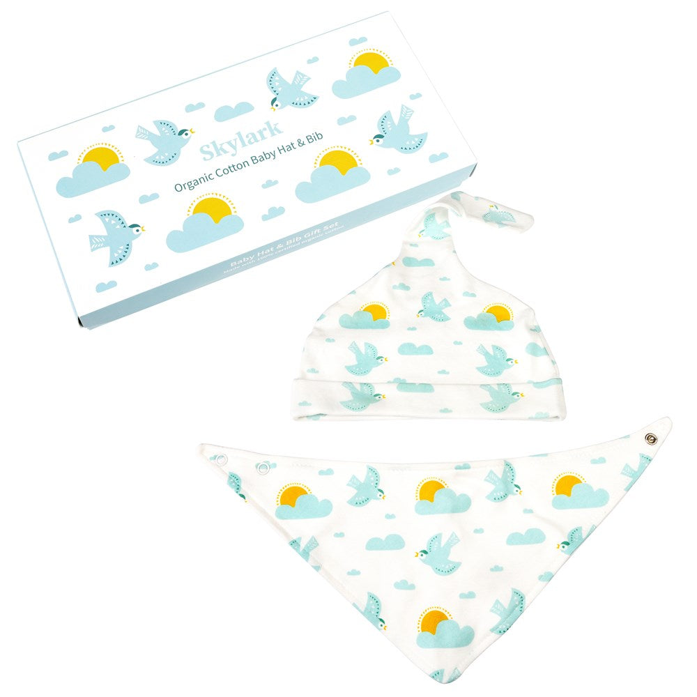Skylark Clouds & Bird Design, Organic Cotton Baby Hat & Bib Set
