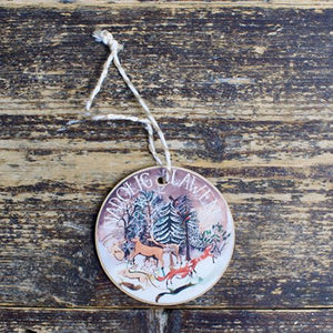 Wooden 'Nadolig Llawen' snowy animal scene hanging tree decoration