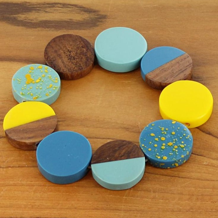 Elasticated Resin and Wood Bracelet - Mustard yellow and blues - Luvit!